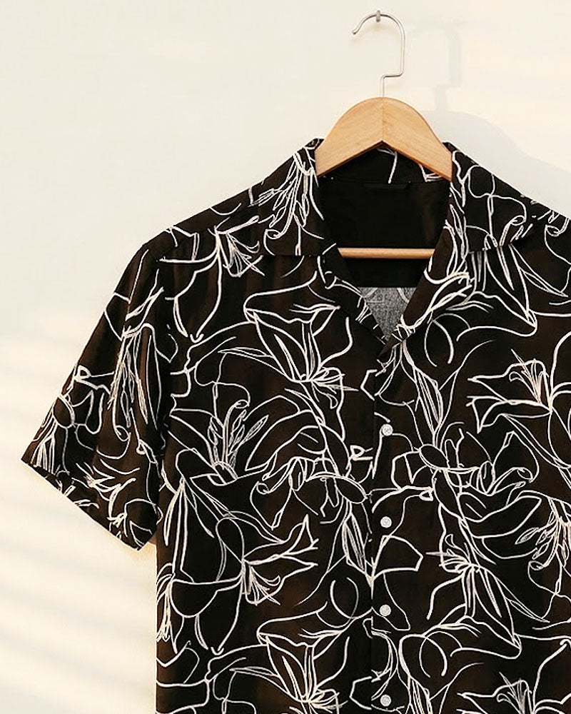 White Floral Black Hawaiian Shirt - MS087