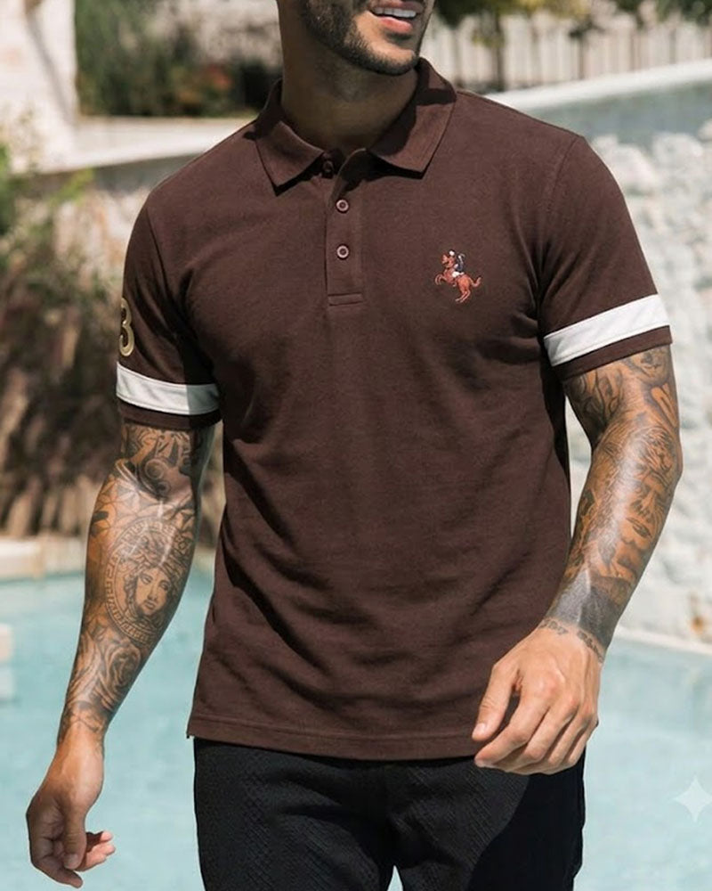 Knitted Textured Brown Embroidered Polo Shirt
