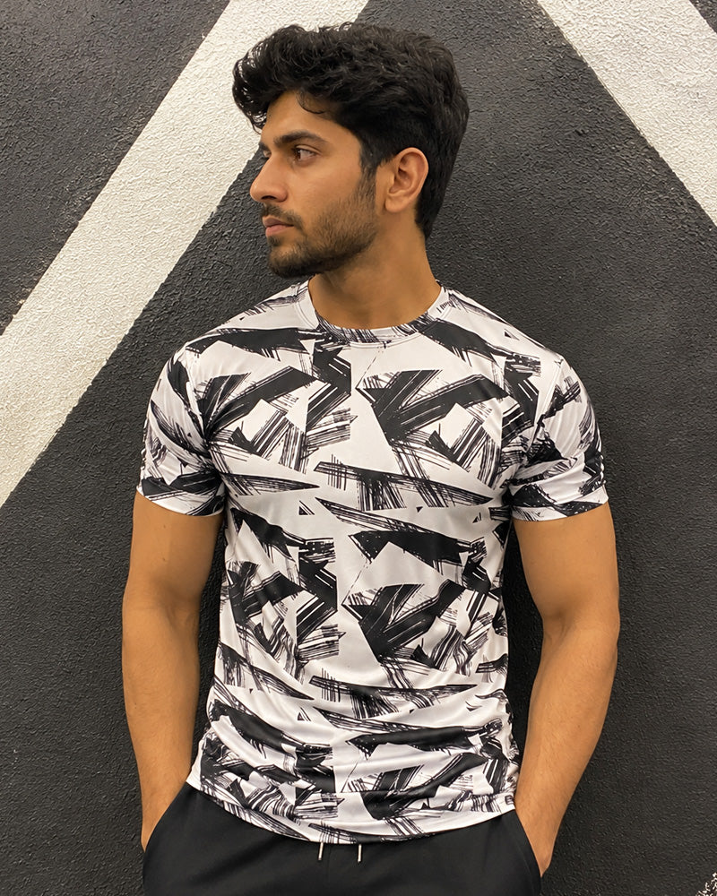 Black & White Abstract Printed Dry Fit T-Shirt