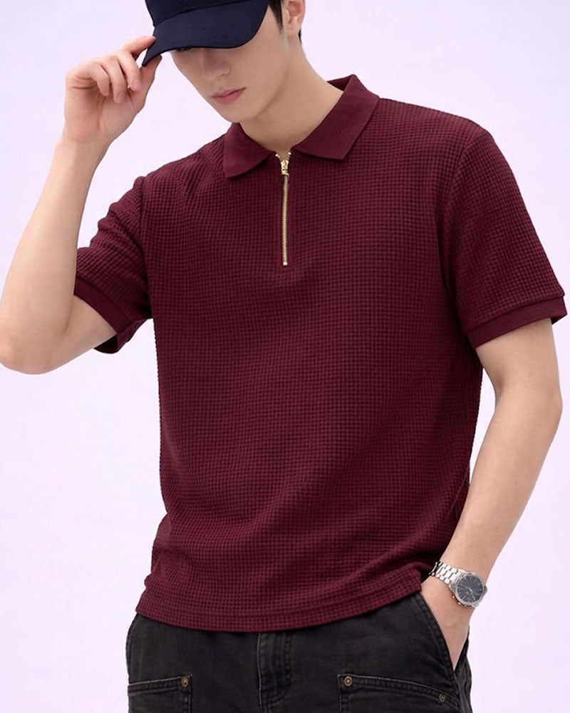 Waffle Knit Zipper Polo Shirt - Maroon