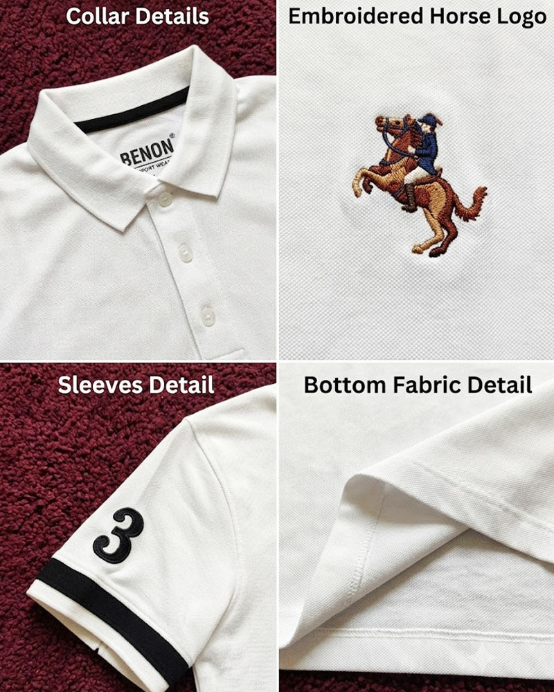 Knitted Textured Off-White Embroidered Polo Shirt