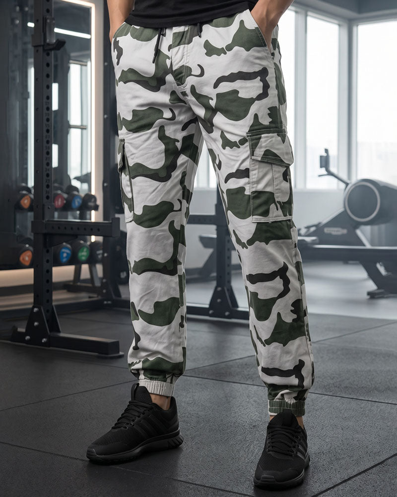 Cream & Green Camo 6 Pockets Cargo Pant