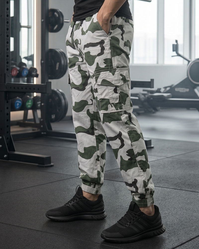 Cream & Green Camo 6 Pockets Cargo Pant