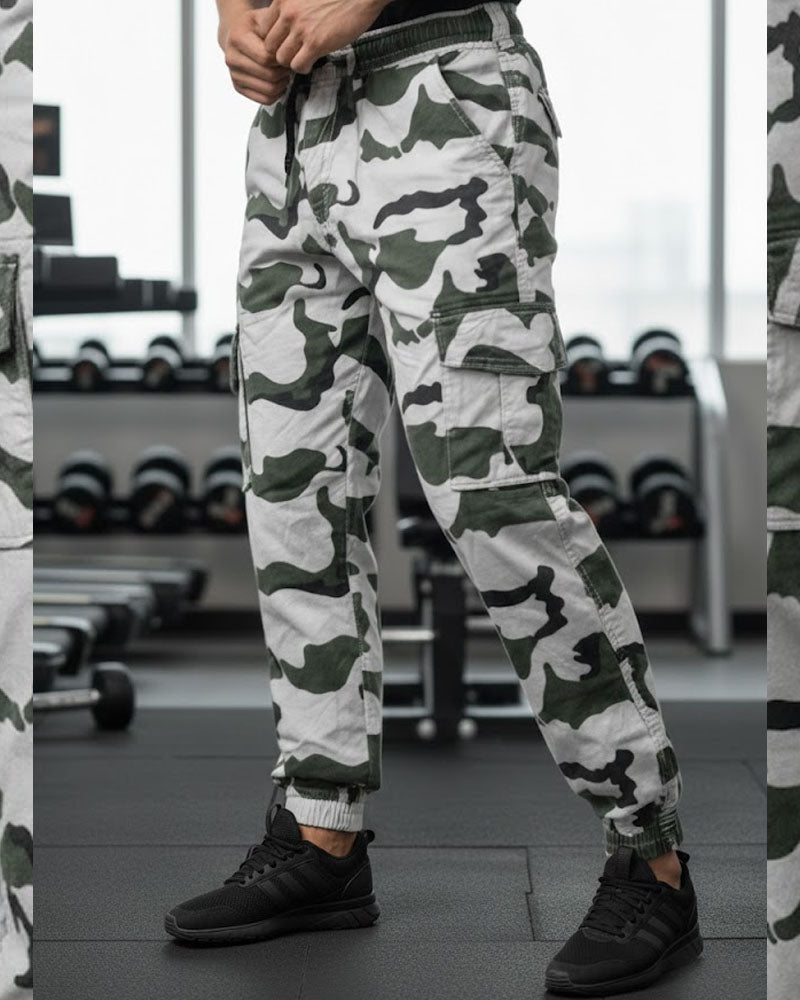Cream & Green Camo 6 Pockets Cargo Pant